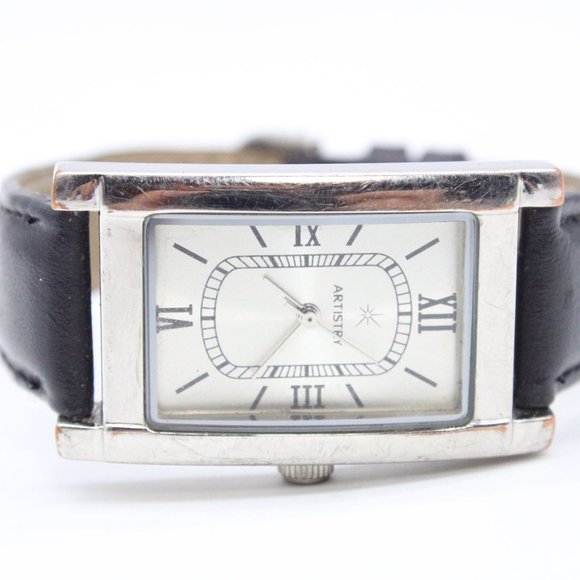 Vintage Artistry Watch Mens Silver Tone Stainless Steel Black Leather Band - Picture 6 of 8